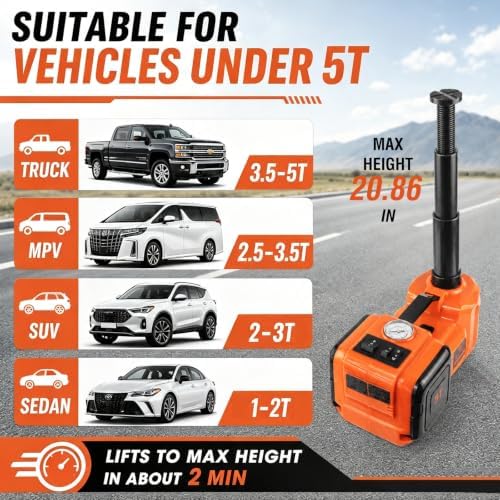 E-HEELP Electric Car Jack Kit 5 Ton 12V with Impact Wrench, 6.1-17.7 in