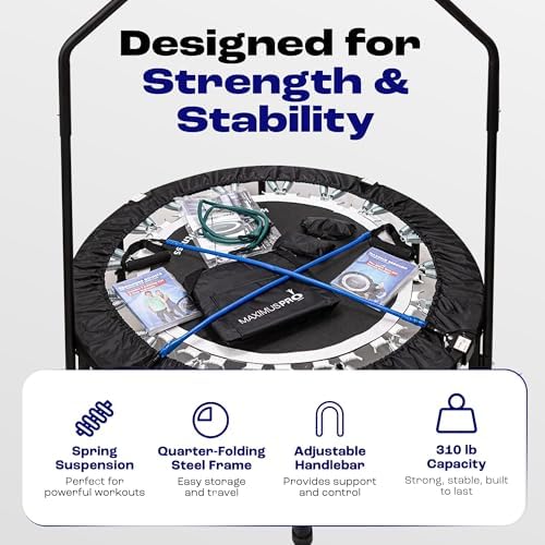 Maximus PRO Folding Rebounder Fitness Trampoline | Voted #1 Indoor Mini Exercise Trampoline for Adults with Bar | Best Home Gym for Fitness & Lose