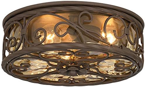 Casa Seville 12" Walnut Rustic Indoor-Outdoor Ceiling Light Fixture | Flush-Mount Dark Scroll Water Glass Damp Rated for Exterior House Porch Patio Outside Deck Garage Front Door Home