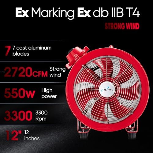 iLiving - ILG8EF12EX Explosion Proof Utility High Velocity Blower, Fume Extractor, Portable Exhaust and Ventilator Fan, Air Ventilation with 2720 CFM