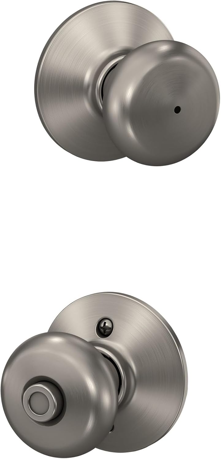 Schlage Plymouth Bed/Bath Privacy Door Knob with Lock, Satin Nickel | Interior bedroom or bathroom door knob with push button lock, Easy to install, Certified durability, Universal fit
