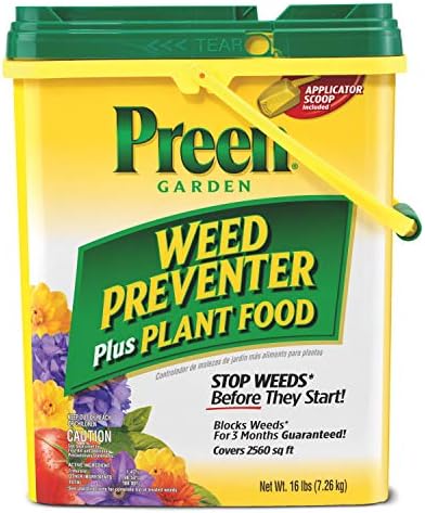 Preen Garden Weed Preventer Plus Plant Food 16 lb. Drum, Covers 2,560 sq ft | Granular All Purpose Fertilizer with Pre Emergent Weed Control for Gardens – Prevents Weeds and Feeds Plants