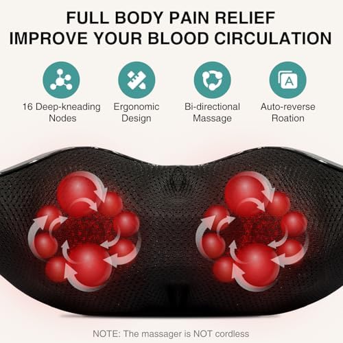 Nekteck Shiatsu Neck Massager with Heat for Pain Relief, NOT Cordless | 2026 Upgraded 3D Back Shoulder Kneading Massage Pillow, 3 Intensity Speeds Deep Tissue, Relaxation Gifts for Men Women, Black