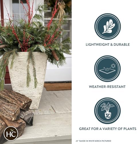 The HC Companies Tahoe Tall Square Planter - Weather-Resistant Indoor & Outdoor Plant Pot - Premium Decorative Planter Made from Crushed Stone Resin (23”H, White Birch, Pack of 1)