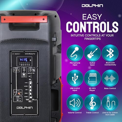 Dolphin Bluetooth Party Speaker with Wireless Mic, Triple 10" Woofers | 120W Output, LED & Strobe Lights, USB/TF/FM/AUX, Guitar & Mic Inputs