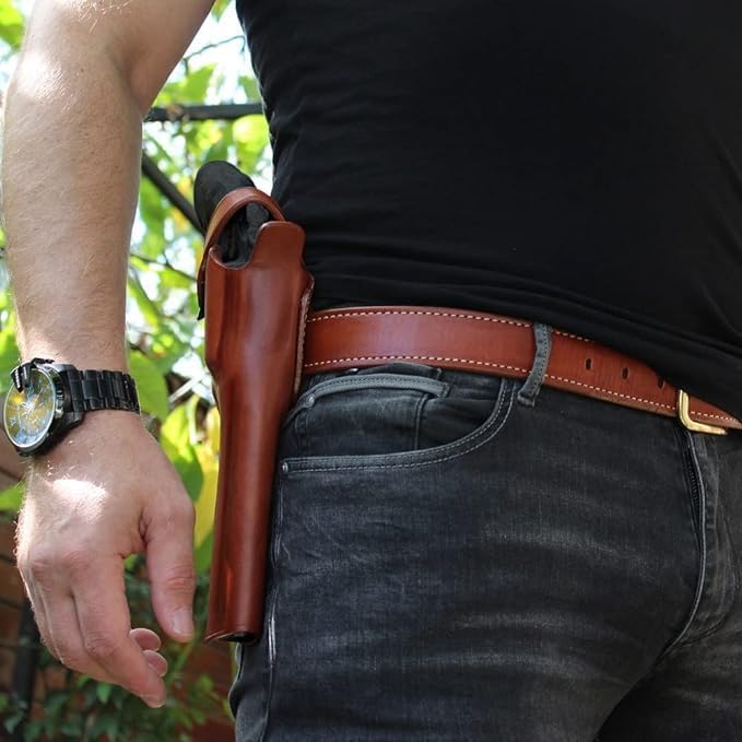 Masc OWB Leather Paddle Revolver Holster with Retention Strap, Fits Python .357 Magnum 6-inch, Right Hand Draw Brown Color #1306#