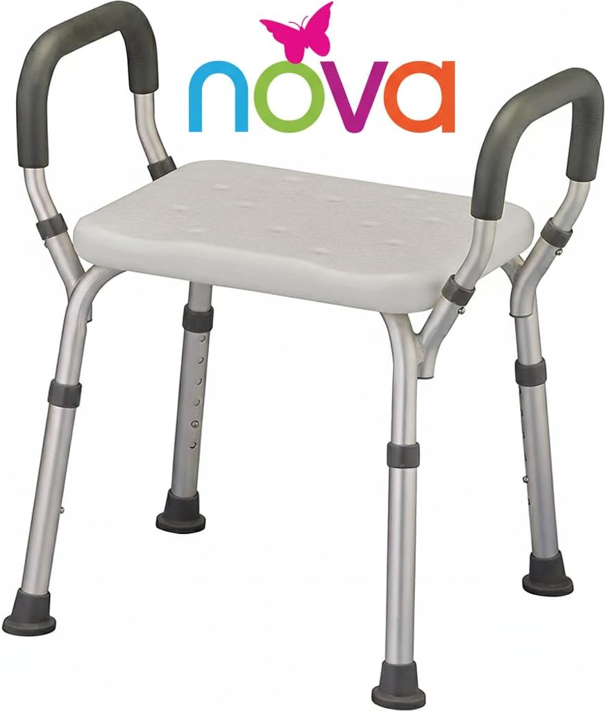 NOVA Bath & Shower Seat with Padded/Removable Arms - for Seniors, Handicap & Medical Use, Adjustable Height, Aluminum Frame, Non-Skid Safety