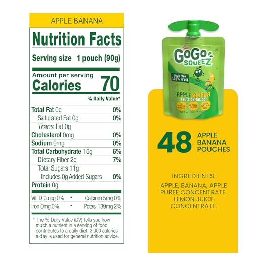 GoGo squeeZ No Sugar Added Applesauce, Apple Apple, 3.2 oz, 48 Count | Kids on the go fruit snack made with applesauce & fruit puree; 3.2 oz pouches, gluten and nut free, recloseable cap, BPA-free