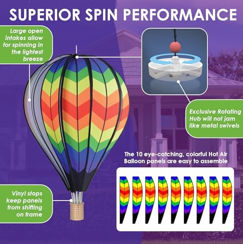 Hot Air Balloon Hanging Garden Spinner 26" - Vibrant Double Rainbow Chevron Design, Weather-Resistant Outdoor Decor, Durable & Lightweight for Patios
