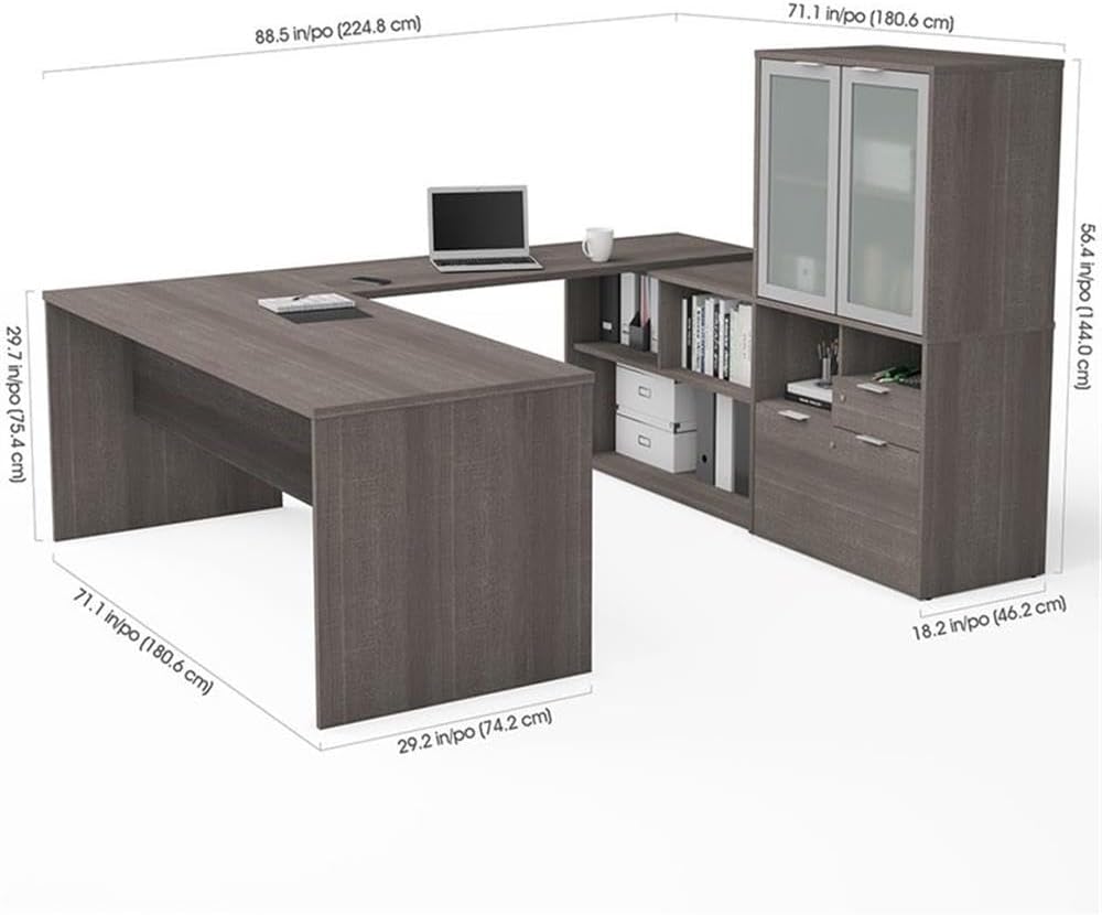 Bestar i3 Plus 72W U-Shaped Executive Desk with Frosted Glass Doors Hutch in bark Grey