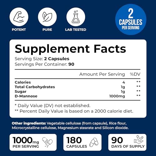 D-Mannose 1000mg - 180 Veggie Capsules - D Mannose Supplements for Women | Cranberry D-Mannose Helps Support Bladder & Urinary Tract Health - 180