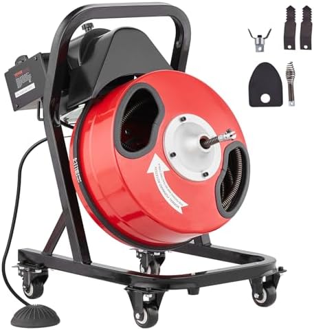VEVOR Drain Cleaner Machine 100 FT x 3/4 Inch, Auto Feed Sewer Snake Auger, Portable Drain Cleaning Machine with Multi-Wheel Combination, 6 Cutters & Air-Activated Foot Switch for 4" to 8" Pipes