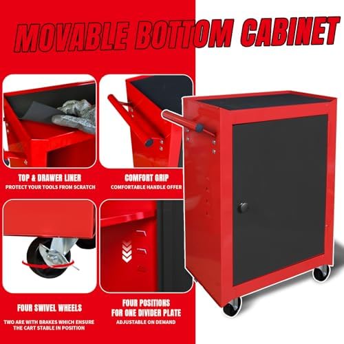 Road DAWG ATBT1204D-Red Torin Rolling Garage Workshop Tool Organizer: Detachable 4 Drawer Tool Chest with Large Storage Cabinet and Adjustable Shelf