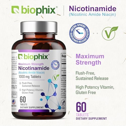 biophix B-3 Nicotinamide 1000 mg 60 Tablets Extra Strength Timed Release - Nicotinic Amide Niacin Natural Flush-Free Vitamin Formula - Supports Skin