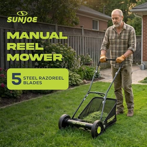 Sun Joe Manual Push Reel Lawn Mower with 6.6-Gal Grass Catcher, 16-Inch Cutting Width - Heavy-Duty Yard Trimmer Machine for Gardening Care and Maintenance, MJ500M