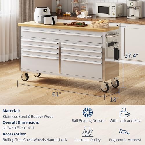 61 Inch Rolling Tool Chest, Garage Workbench with 9 Drawers, Solid Rubber Wood Top, Wheels Lock Key Locking System, Mobile Tool Cabinet Garage