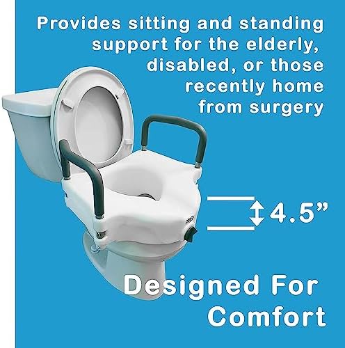 ProBasics E-Z Lock Raised Toilet Seat with Handles, 4.5" Toilet Seat Riser with Arms, Fits Most Elongated and Round Toilets, 17" Seat Width & Height