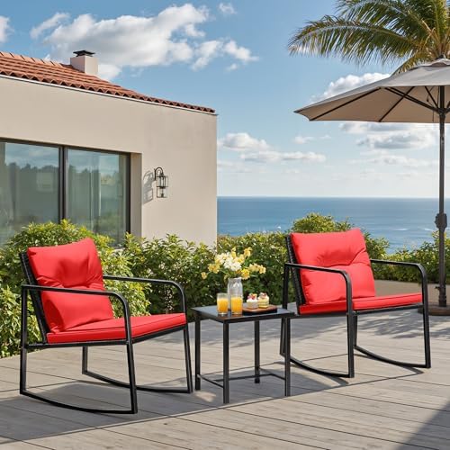 Greesum 3 Pieces Rocking Wicker Bistro Set,Patio Conversation Sets,Beige