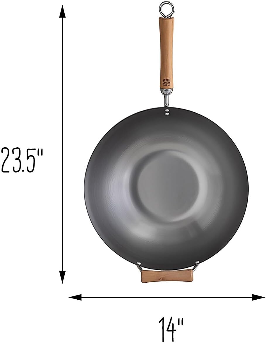 JOYCE CHEN Classic Series 14-Inch Uncoated Carbon Steel Wok Set with Lid and Birch Handles, 4 Pieces