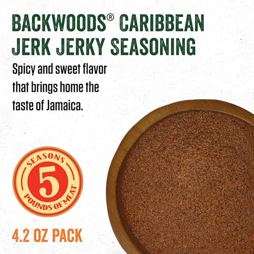 LEM Products Backwoods Caribbean Jerk Jerky Seasoning, 4.2 oz Packet | Pre-Measured Seasoning and Cure for Wild Game and Domestic Meat, Seasons Up to 5 Pounds of Meat for Homemade Jerky