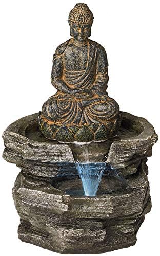 Meditating Buddha 24" High Outdoor Indoor Large Bubbler Fountain with Light | Zen Asian Decor Resin Floor LED Standing Water Feature for Outside Garden Patio Yard Backyard Porch Deck