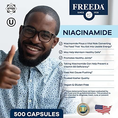 FREEDA 250mg Niacinamide & Vitamin B3 Supplement - 500 Capsules | Vegetarian Niacinamide Supplement with No-Flush Formula - Supporting Skin Health &