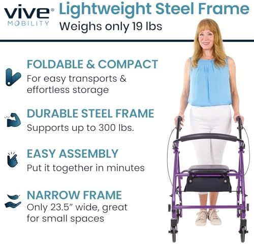 Vive Mobility Steel Rollator Walker with Seat - Foldable, Narrow