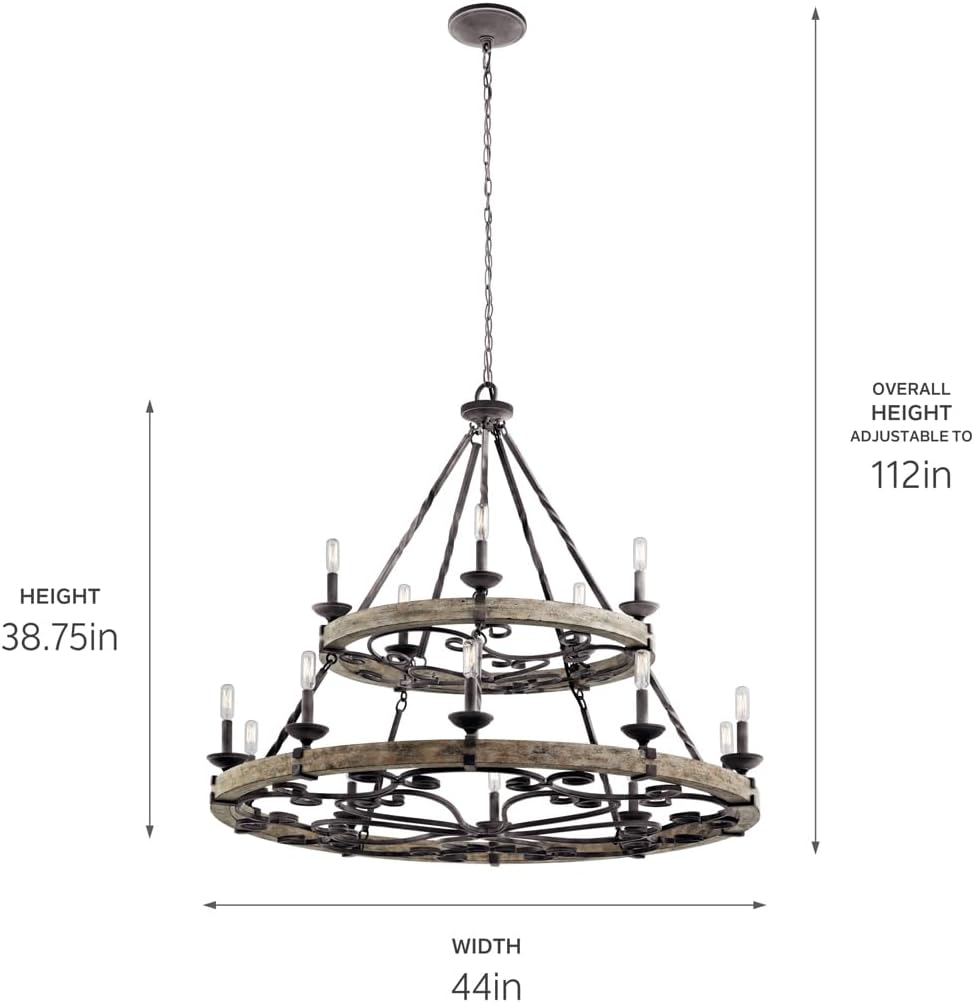 Kichler Taulbee 15-Light 2-Tier Chandelier, Weathered Zinc | Two-tier chandelier with weathered gray wood accents (44" x 38.75"), 43826WZC