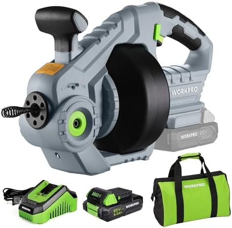 WORKPRO 20V Cordless Electric Drain Auger, 25 ft Plumbing Snake, 2.0Ah Battery | Suitable for 3/4" to 2" Pipes, Including Sinks, Toilets, Showers