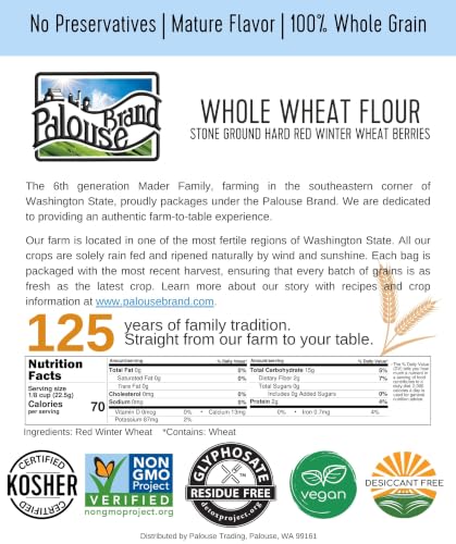 Palouse Brand Certified Glyphosate Residue Free Whole Wheat Flour | 9 LBS | Non-GMO | Unbleached | Stone Ground | Certified Kosher Parve | USA Grown