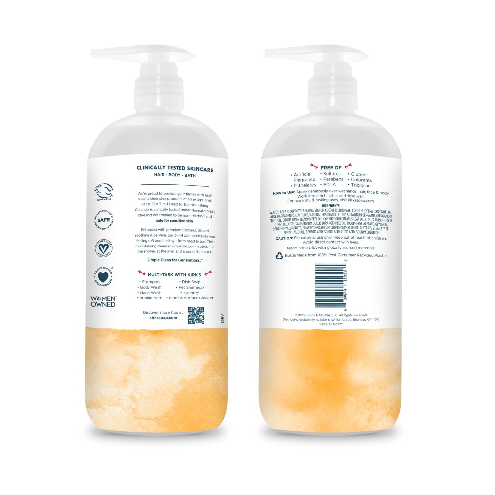 Kirk's Juniper & Lime​ 3-in-1 Nourishing Cleanser, Shampoo Body Wash Bubble Bath, Coconut Oil and Aloe Vera, Vegan Non-GMO, 32 Fl Oz