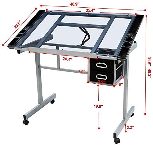 Yaheetech Glass Drafting Table with Storage, Adjustable Art Drawing Desk | Tempered glass top on a steel frame tilts 0-60° for drawing, tracing