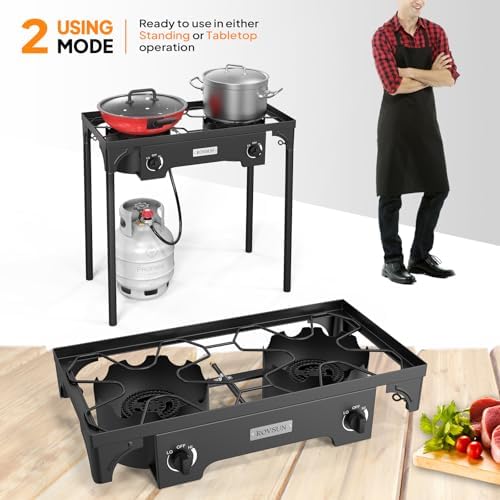 ROVSUN 2 Burner Outdoor Propane Gas Stove with Adjustable Regulator, 150,000 BTU High Pressure Stand Cooker for Backyard Cooking Camping Home Brewing Canning Turkey Frying