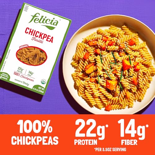 Felicia Chickpea Fusilli Gluten Free Pasta, 22G Protein, 8.8 Oz, 6 Pack | Organic, High Fiber, 14G Fiber, Made from 100% Chickpeas, Plant Based
