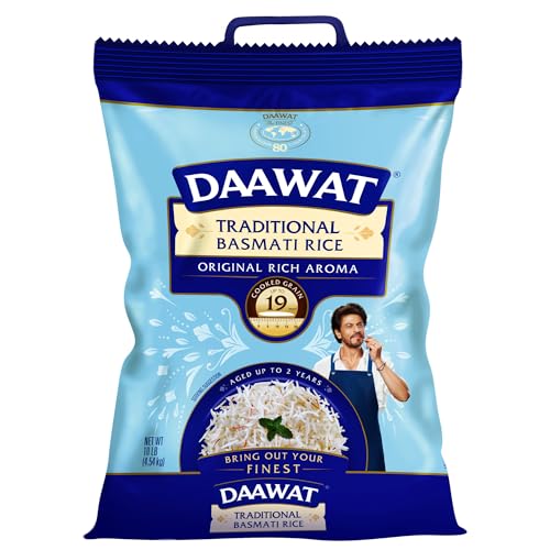 Daawat Traditional Basmati White Rice - 10 lb Bag | Authentic Extra Long Grain Basmati Rice - Great for Curries, Pilafs & Indian Recipes - Cook in Microwave or on Stove Top