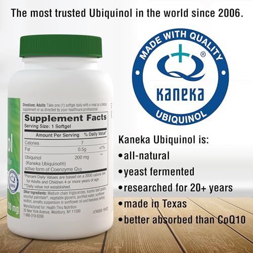 Health Thru Nutrition Ubiquinol 200mg 30 Softgels as Kaneka QH Reduced CoQ-10 | Stabilized - 3rd Party Tested | Enhanced Bioavailability | Cardiovascular & Mitochondria Function Support | Non-GMO | Reduced Form CoQ-10 Supplement, High Absorption, Cardiov…