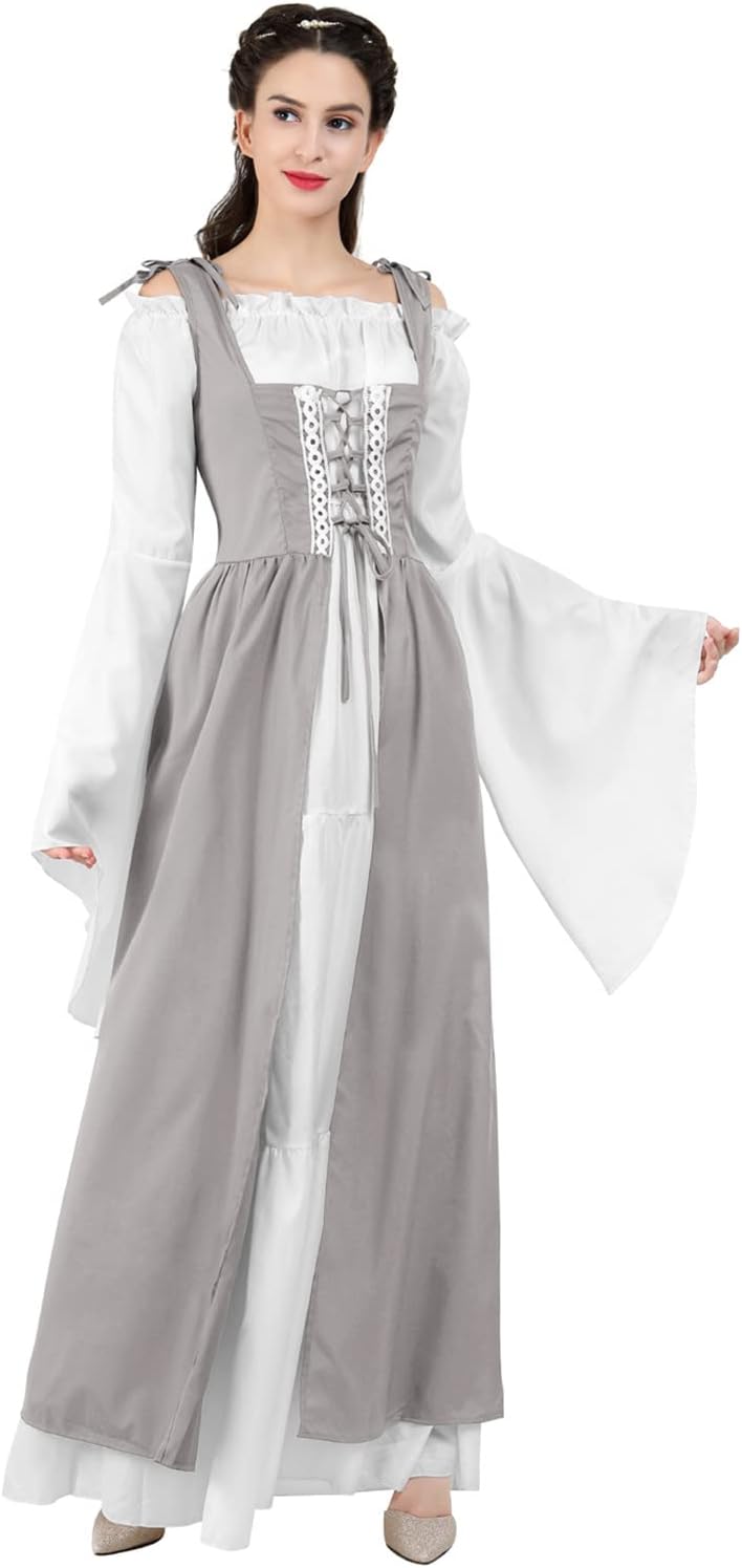 Kranchungel Renaissance Costume Women Dress: Flowy Long Sleeve Medieval Dress for Renaissance Faires & Medieval Festival