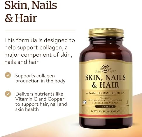 Solgar Skin, Nails & Hair, Advanced MSM Formula, 120 Tablets, Non GMO | Supports Collagen for Hair, Nail and Skin Health, Provides Zinc, Vitamin C & Copper, Vegan, Gluten & Dairy Free - 60 Servings
