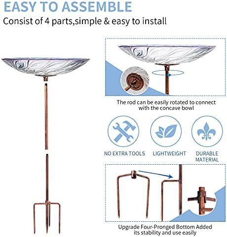 VCUTEKA Glass Bird Bath Outdoor BirdBath Garden Birdfeeder with Metal Stake