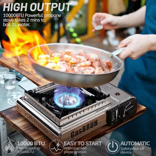 GasBRUH Propane or Butane Camping Stove with Windblocker, Dual Fuel 10,000 BTU Stainess Steel Propane Stove for Camping(TANK not included)
