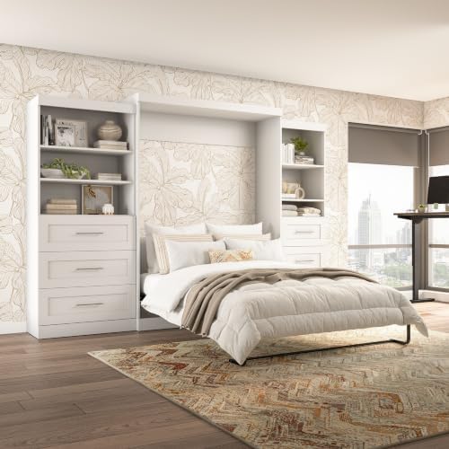 Bestar Pur Queen Murphy Bed and 2 Shelving Units with Drawers, 126-inch Space-Saving Wall Bed | 2 Shelving Units with Drawers, supports up to 1000 lb