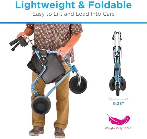NOVA Traveler Folding 3-Wheel Walker with Tray, Basket, Pouch & Cup Holder, Lightweight Mobility Aid for Seniors & Adults, 8” All-Terrain Wheels for Tight Spaces & Travel, Sky Blue