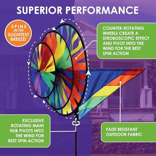 Premier Kites Triple Spinner Rainbow – Eye-Catching Garden Spinner with Colorful Triple Wheels, Durable Weather-Resistant Fabric, Easy Assembly