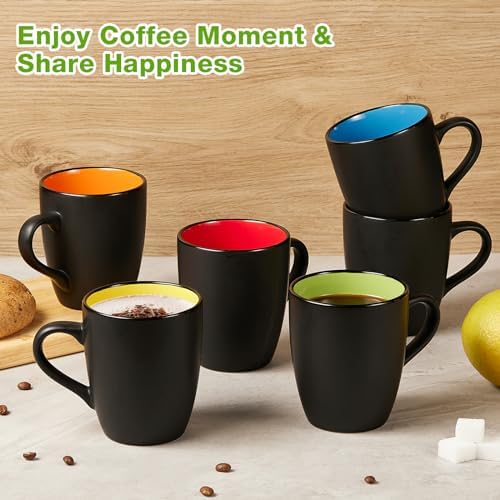 Qipecedm 6 Pack Porcelain Coffee Mugs Set, 12 Ounces Ceramic Coffee Mugs, Matte Black Coffee Mug, Restaurant Cups for Coffee, Tea, Cappuccino, Cocoa