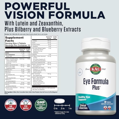 KAL Eye Formula Plus, 60 Tablets | Eye & Vision Support, Lutein, Zeaxanthin, Bilberry & Goji Extracts, 15 Servings, Lab Verified