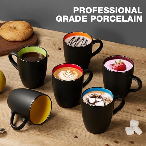 Qipecedm 6 Pack Porcelain Coffee Mugs Set, 12 Ounces Ceramic Coffee Mugs, Matte Black Coffee Mug, Restaurant Cups for Coffee, Tea, Cappuccino, Cocoa