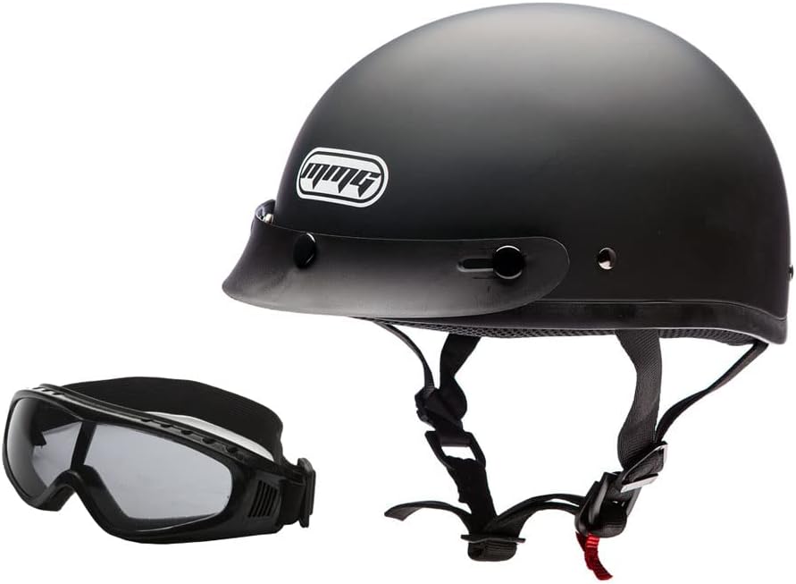 MMG Adult Half Shell Helmet, Motorcycle/Scooter/Moped, Matte Gray, Medium | Lightweight Polycarbonate/ABS half shell, goggles included. Padded washable liner, double D-ring strap. DOT FMVSS-218.