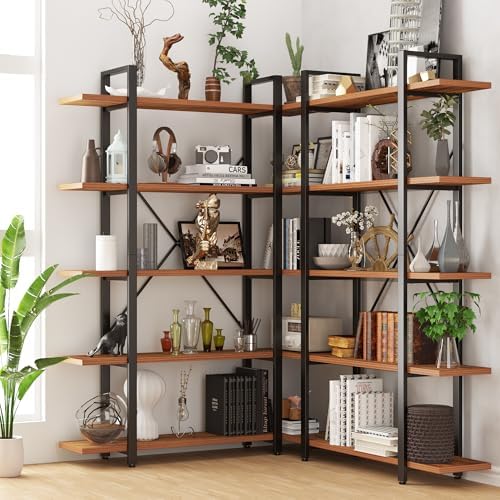 BATHWA Wood and Metal Minimalist 5 Tier Bookshelf, 6 feet Tall Open Rustic Wide Bookcase Industrial Style
