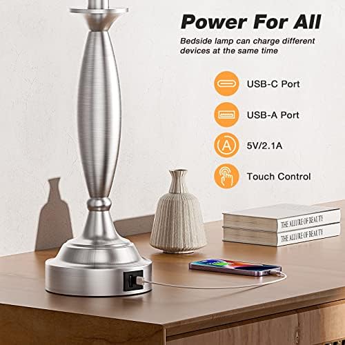 Bedroom Lamps for Nightstand, 3 Way Dimmable Silver Bedside Lamps with USB | Touch, USB C+A Ports, Bulb Included, White Shade, Silver, Chrome