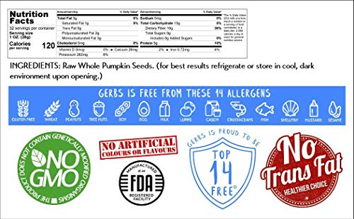 Gerbs Raw Whole Pumpkin Seeds 2 lbs. | In-Shell, 10.5 mm Size, Resealable Bag | Mildly Nutty & Crunchy | Top 14 Allergen-Free